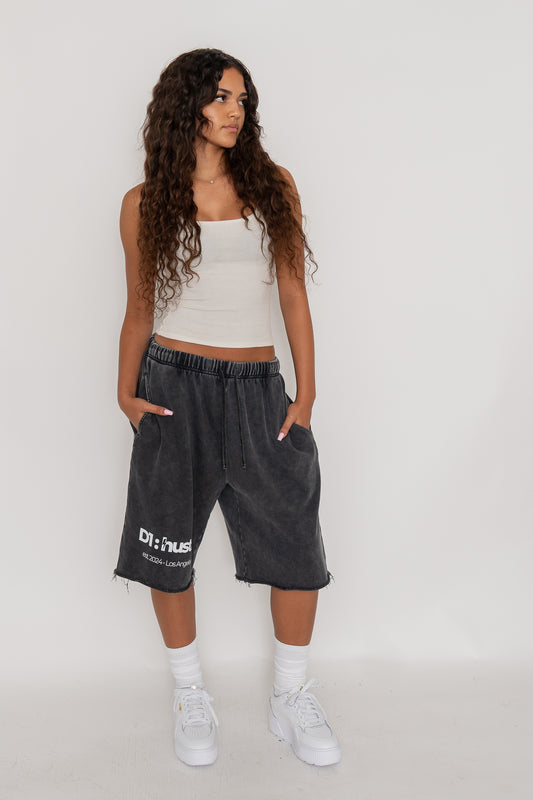 Vintage Washed Raw Edge Black Sweat Shorts